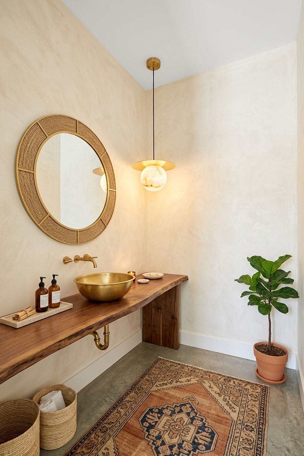 Marne Alabaster Sphere Brass Pendant Light | Natural Alabaster and Brass | Displayed in a boho bathroom vanity area beside a round mirror | vexa lamps