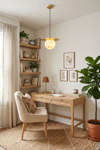 Marne Alabaster Sphere Brass Pendant Light | Natural Alabaster and Brass | Hanging in a bright home office study above a wooden desk | vexa lamps
