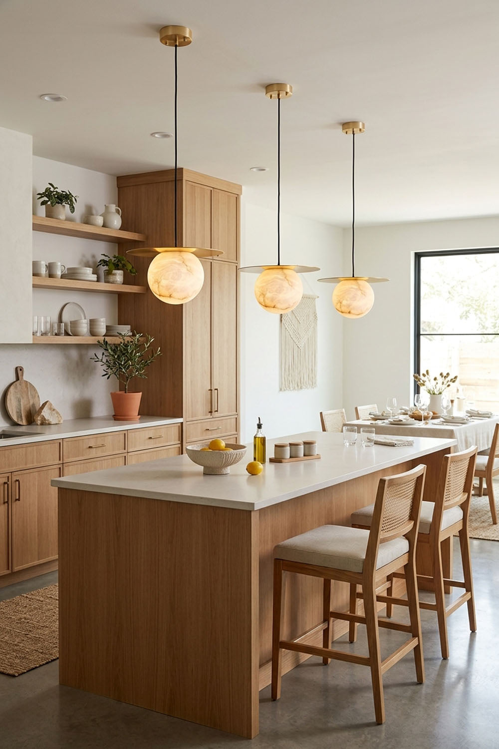 Marne Alabaster Sphere Brass Pendant Light | Natural Alabaster and Brass | Trio of lights suspended over a kitchen island with wooden bar stools | vexa lamps