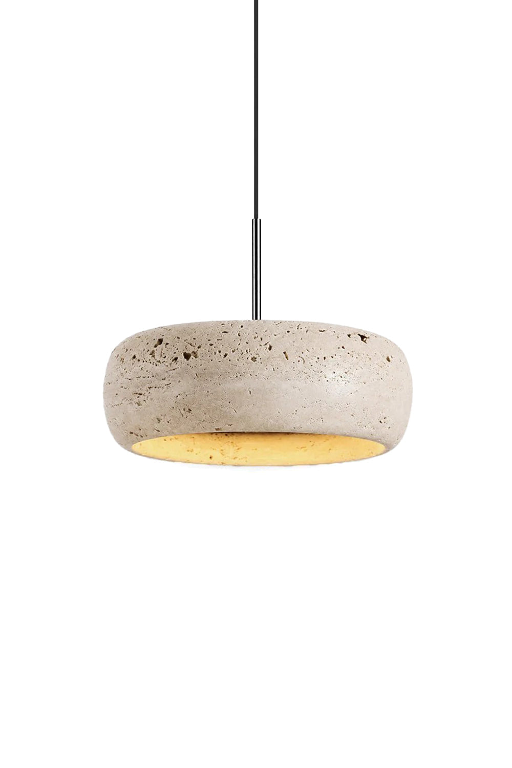 Maro Travertine Donut Pendant Light | Travertine, Metal | Isolated lit view of a modern organic donut-shaped pendant light crafted from natural beige travertine stone with a warm inner glow | White background | vexa lamps