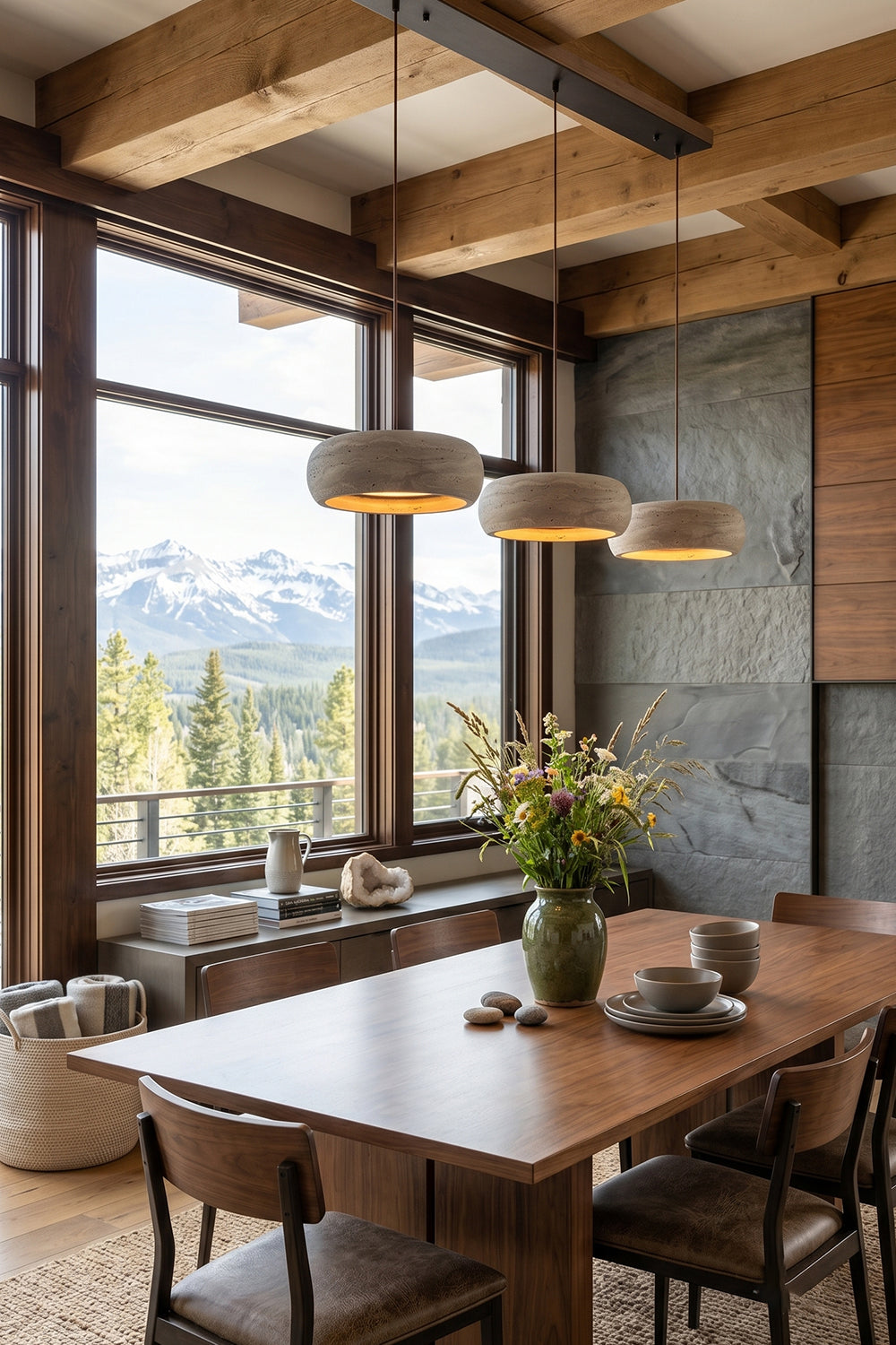 Maro Travertine Donut Pendant Light | Travertine, Metal | Three stone pendant lamps hanging over a long wooden dining table setup in a luxury mountain lodge dining room with large windows | vexa lamps