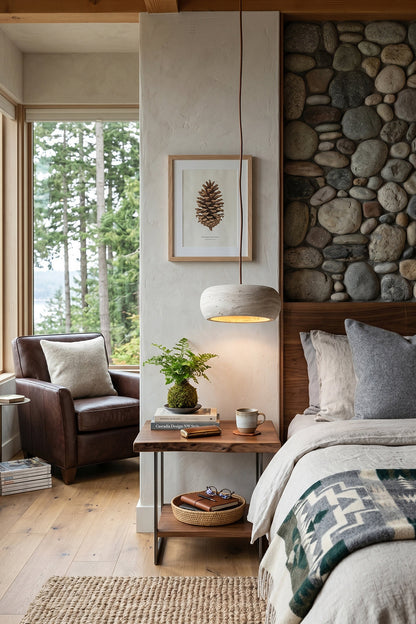 Maro Travertine Donut Pendant Light | Travertine, Metal | Mounted as a cozy bedside reading lamp over a dark wood nightstand in a rustic cabin bedroom with a stone feature wall | vexa lamps