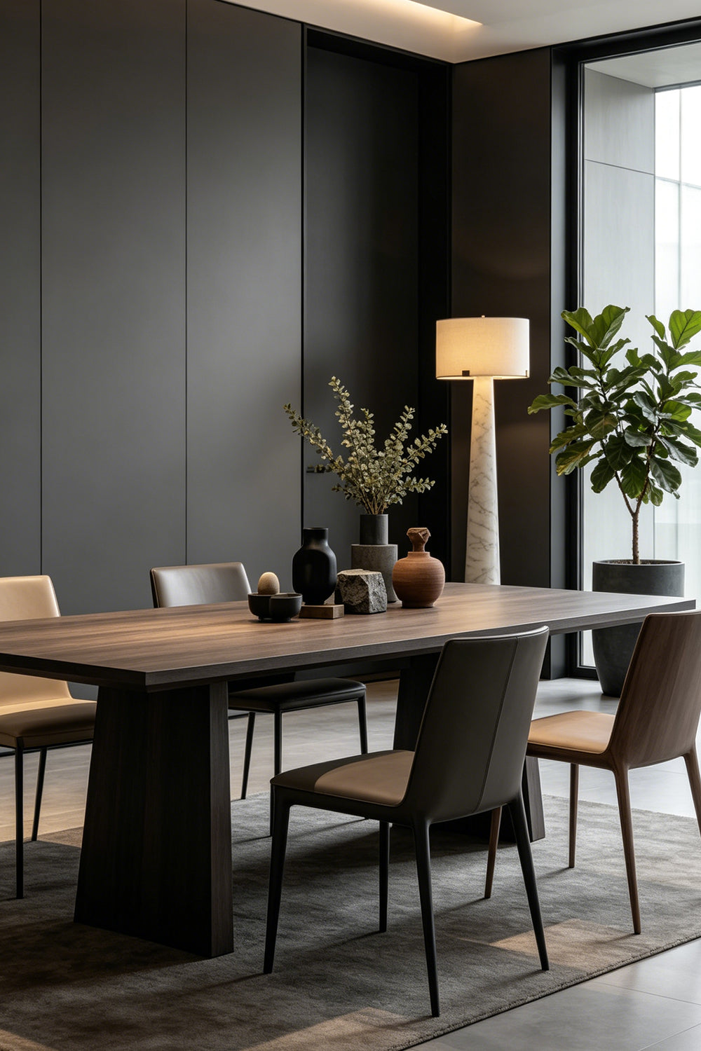 Meridian Column Alabaster Floor Lamp | Alabaster, Brass | Lit in a contemporary dining room with a long dark wood table | vexa lamps