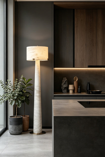 Meridian Column Alabaster Floor Lamp | Alabaster, Brass | Modern kitchen island scene with architectural floor lamp | vexa lamps