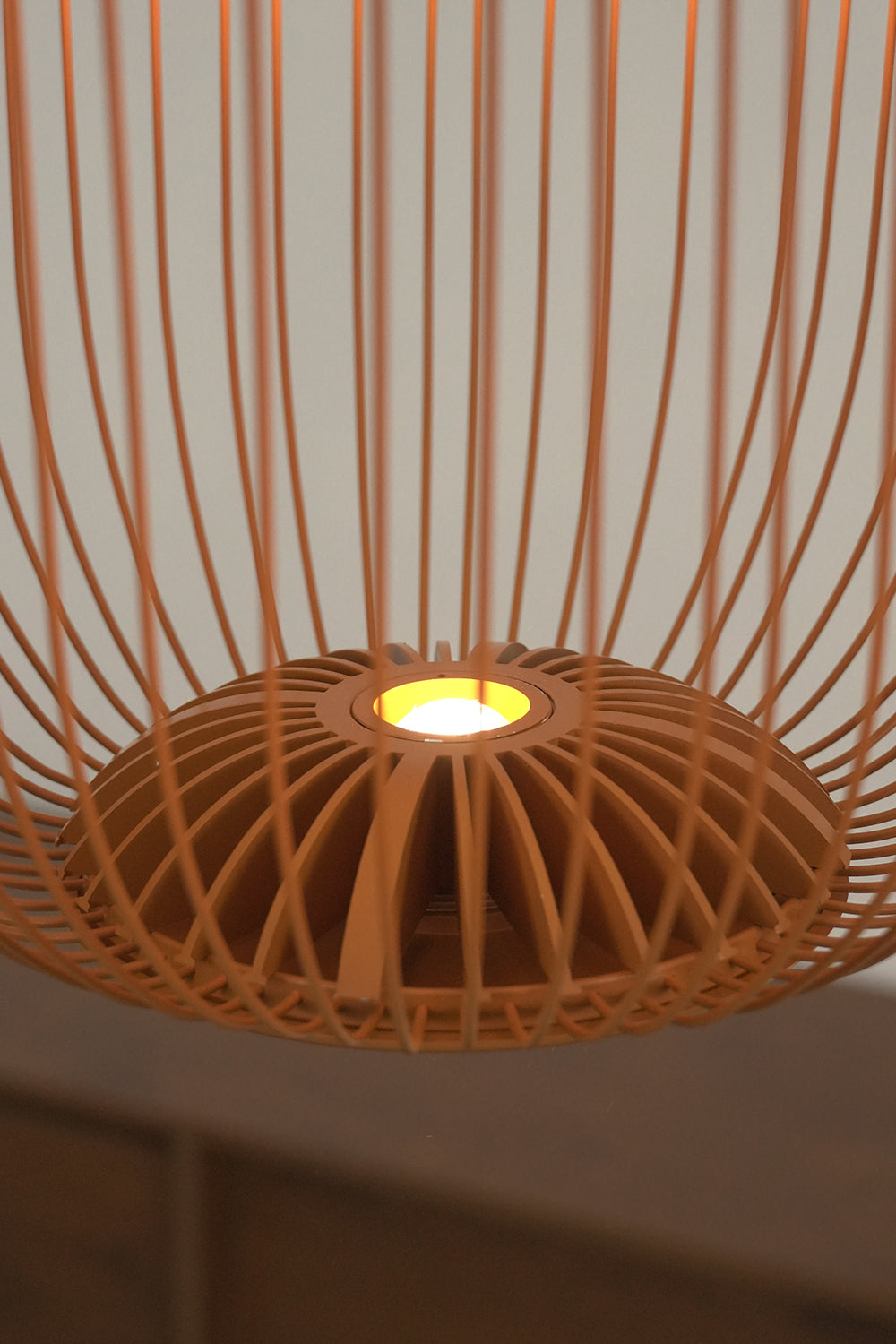 Lit bottom center of wire cage pendant light | Aluminum | Showing internal light source and glowing wires | vexa lamps