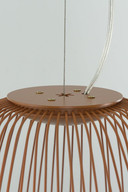 Top mounting plate of wire cage pendant light | Aluminum | Close-up showing the connection and hanging wire | vexa lamps