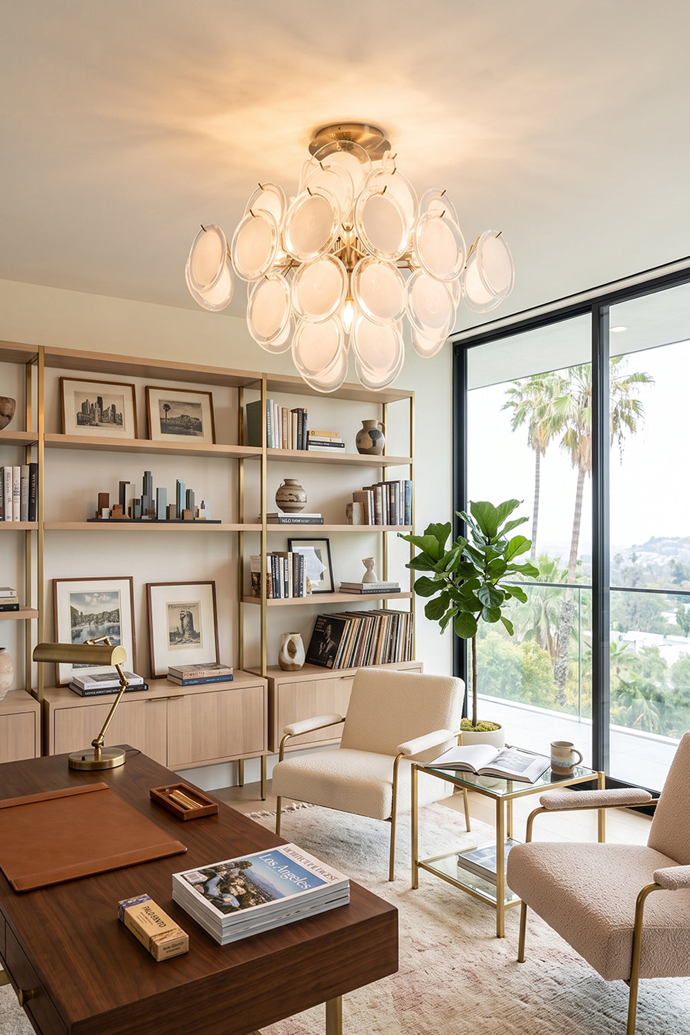 Mirella Circular Glass Pane Ceiling Light | Home Office Light | Providing sophisticated ceiling illumination in a modern study room featuring a wooden executive desk and large glass windows | vexa lamps