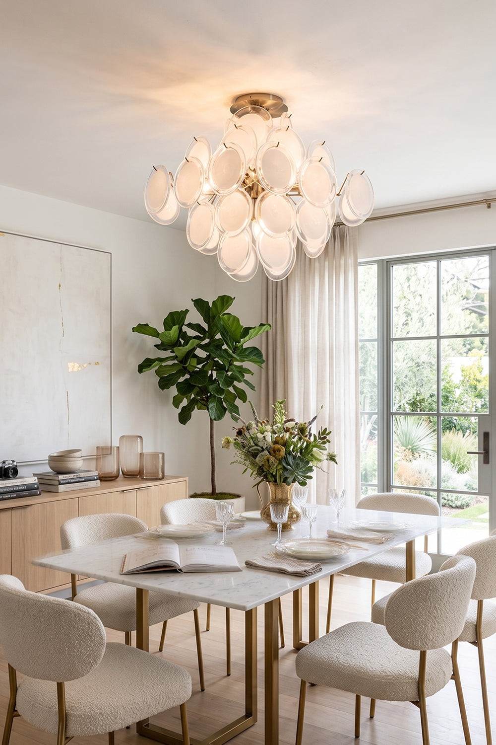 Mirella Circular Glass Pane Ceiling Light | Contemporary Dining Area | Staged overhead in a well-lit residential dining space pairing a light wood table with minimalist cream chairs | vexa lamps