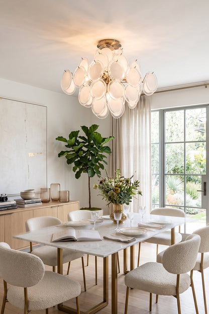 Mirella Circular Glass Pane Ceiling Light | Contemporary Dining Area | Staged overhead in a well-lit residential dining space pairing a light wood table with minimalist cream chairs | vexa lamps