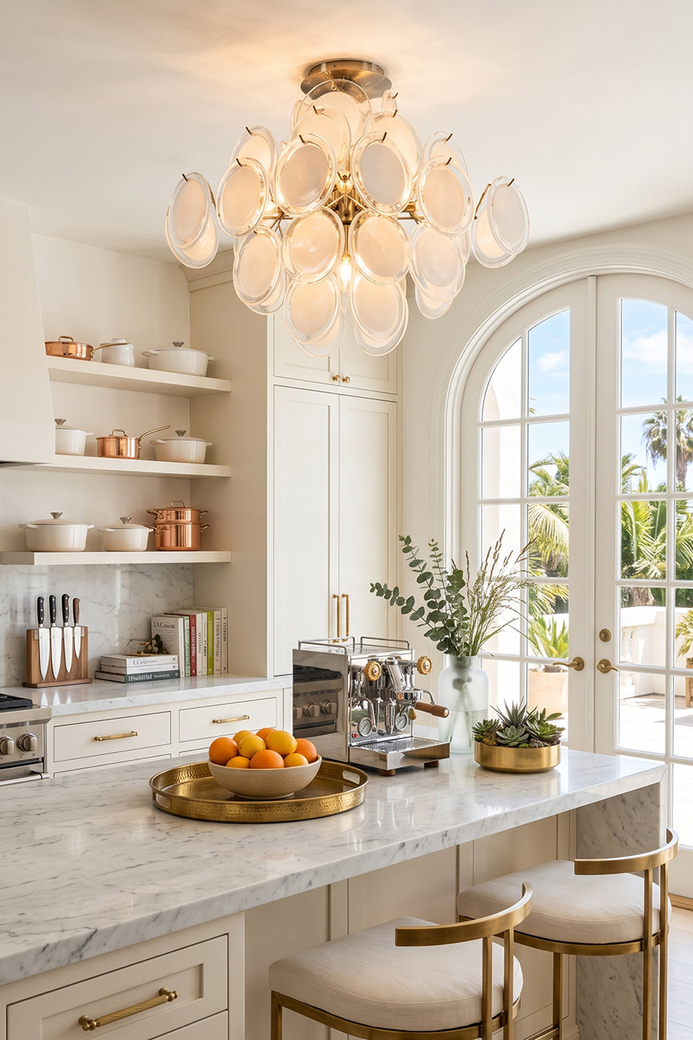 Mirella Circular Glass Pane Ceiling Light | Kitchen Lighting | Hanging as an elegant overhead light fixture casting a warm glow over a white marble island counter in a bright luxury kitchen | vexa lamps