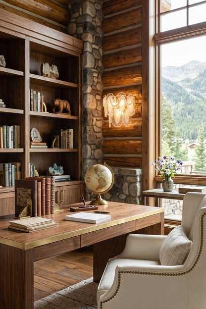 Mirella Pearl and Glass Wall Lamp illuminating a rustic home office with wooden furniture and stone walls.