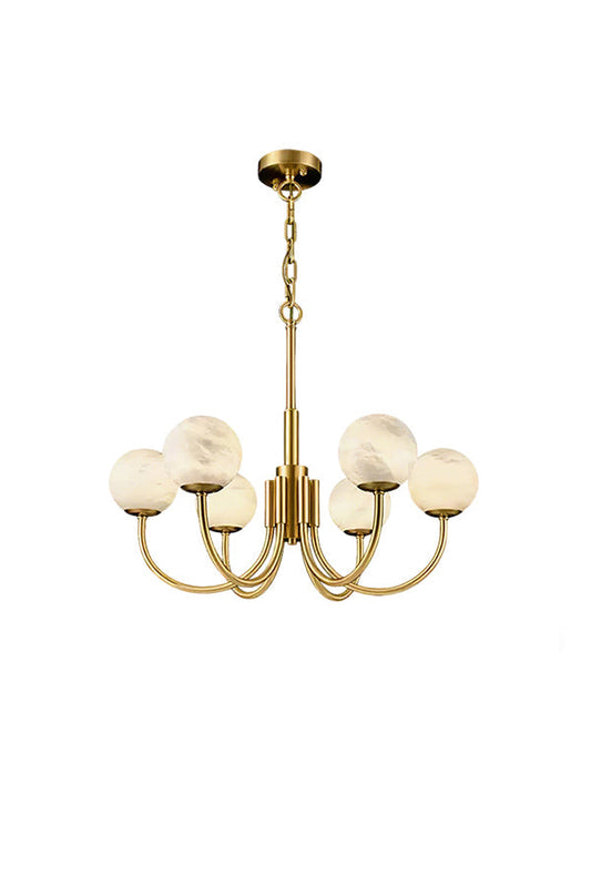 Modern brass chandelier with 6 alabaster globes | Alabaster, Brass | Front view isolated on white background | vexa lamps