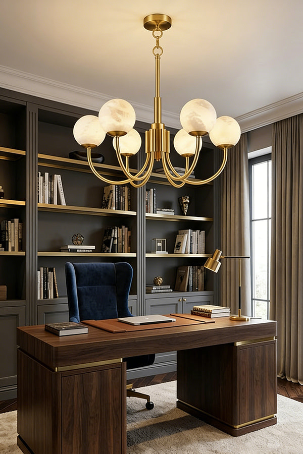 Brass chandelier with alabaster globes | Alabaster, Brass | Installed in a home office above a mahogany desk | vexa lamps