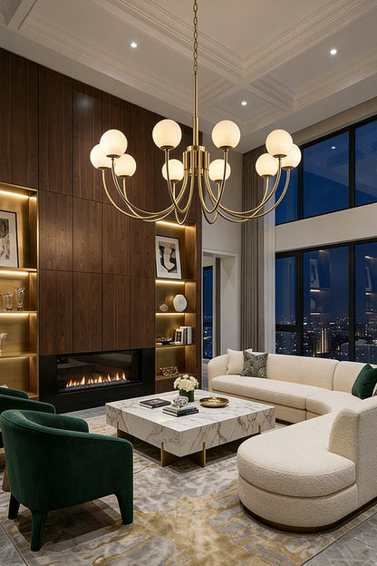 Contemporary brass globe chandelier | Alabaster, Brass | Large living room interior with white sectional sofa and fireplace | vexa lamps