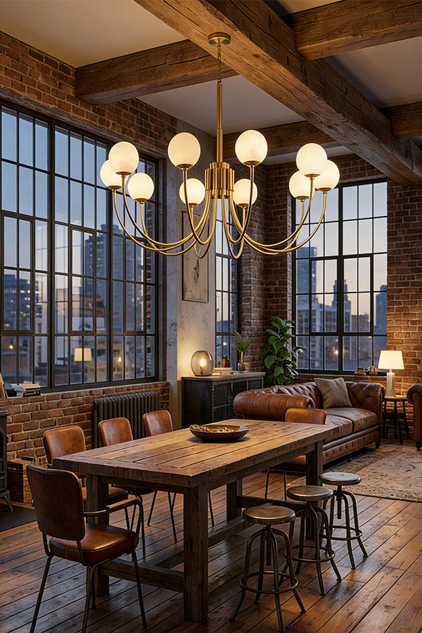 6-globe brass chandelier for dining room | Alabaster, Brass | Installed in a loft-style dining area with brick walls | vexa lamps