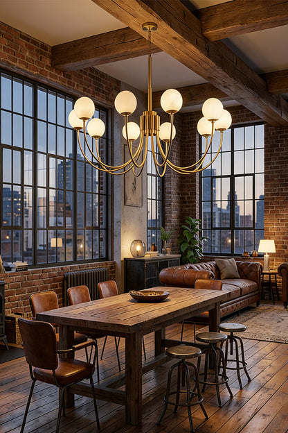 6-globe brass chandelier for dining room | Alabaster, Brass | Installed in a loft-style dining area with brick walls | vexa lamps