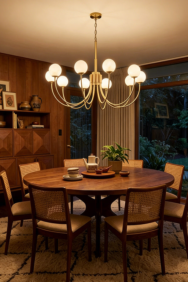 Elegant brass and alabaster globe light | Alabaster, Brass | Centered over a round wooden table with rattan chairs | vexa lamps