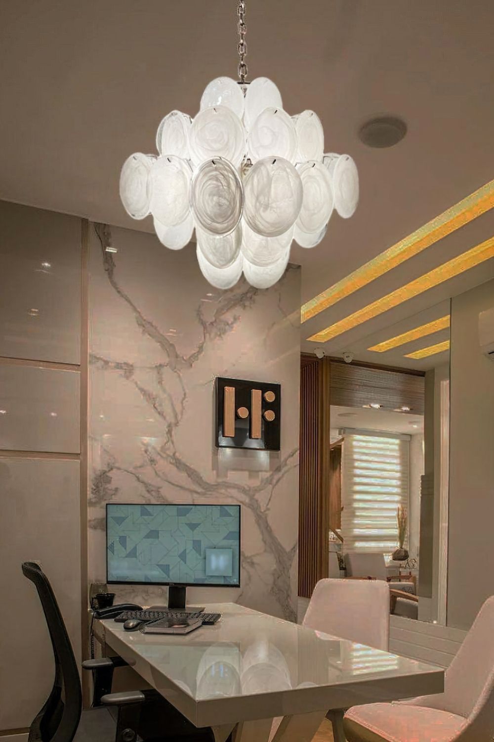 Vintage Art White Glass Disks Chandelier - view 3 | vexalamps