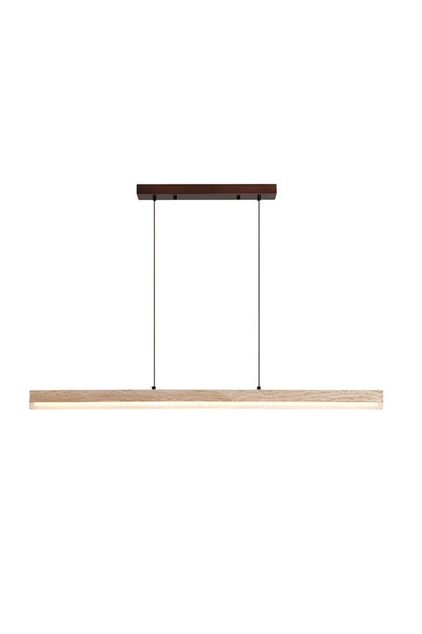 Lit natural travertine linear pendant lamp with wooden canopy | Travertine, Wood, Acrylic | Front view isolated on white background | vexa lamps
