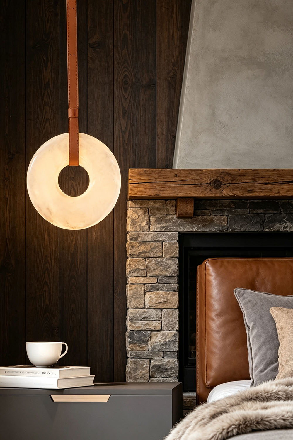 Nerissa Alabaster Ring Leather Pendant Light | Natural Alabaster, Leather and Brass | Single disc pendant styled next to a leather bed headboard | vexa lamps