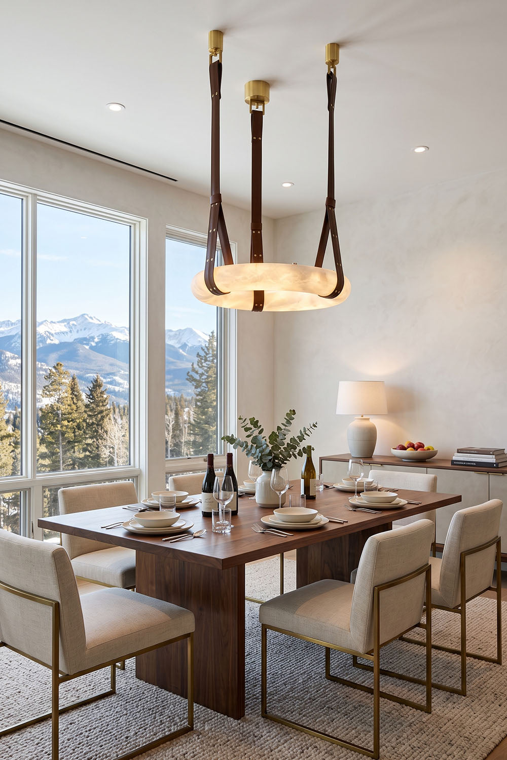 Nerissa Alabaster Ring Leather Pendant Light | Natural Alabaster, Leather and Brass | Hanging in a mountain view dining room over a wooden table | vexa lamps