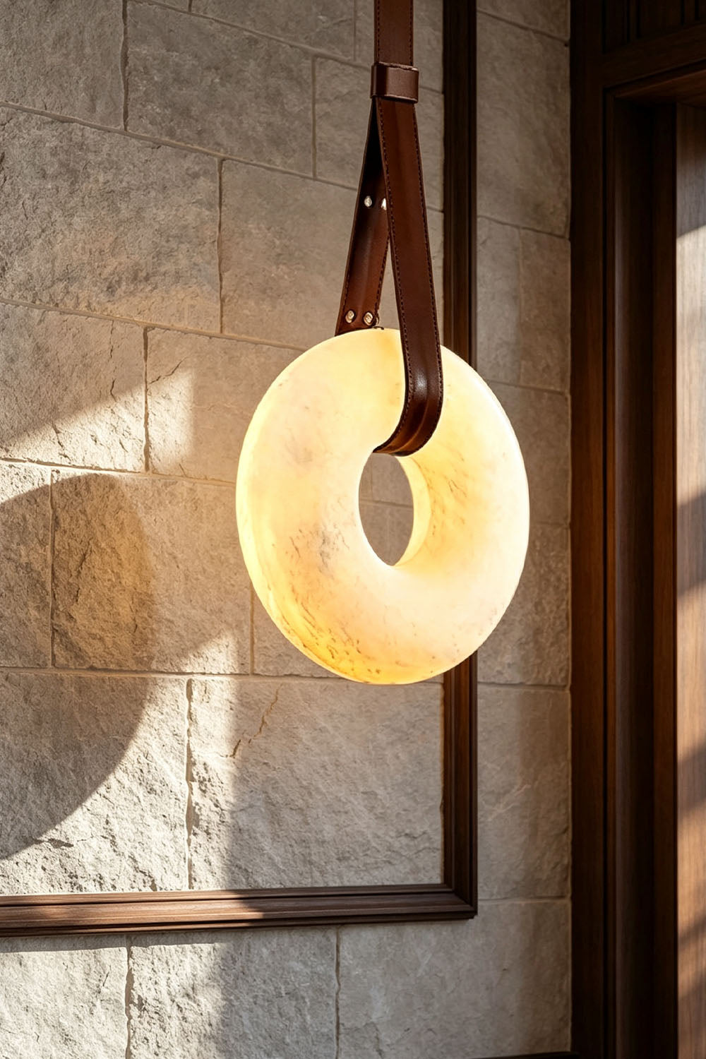 Nerissa Alabaster Ring Leather Pendant Light | Natural Alabaster, Leather and Brass | Single disc pendant glowing in warm sunlight against a stone wall | vexa lamps