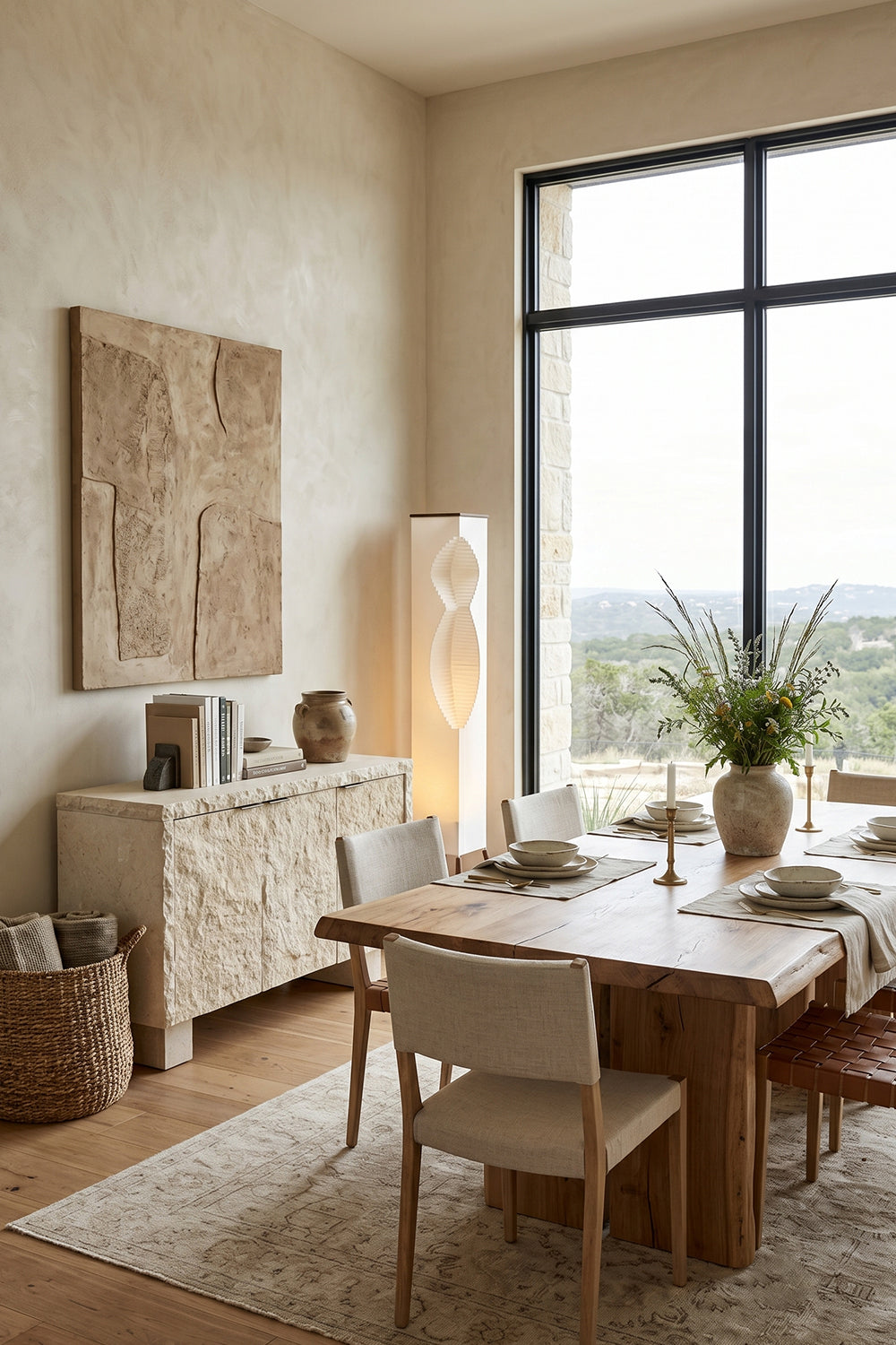 Nori Sculptural Leaf Floor Lamp | Fabric, Wood | Installed as decorative accent lighting in a rustic dining room next to a long wood table and credenza | vexa lamps
