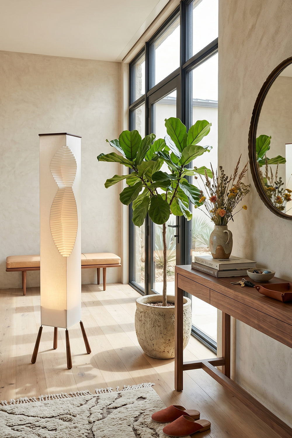 Nori Sculptural Leaf Floor Lamp | Fabric, Wood | Close-up corner shot highlighting the warm golden glow of the layered leaf-like structure near window blinds | vexa lamps