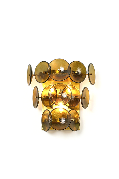 Tiered olive green hammered glass disc wall lamp with brass frame | Metal, Glass | Lit product shot | vexa lamps