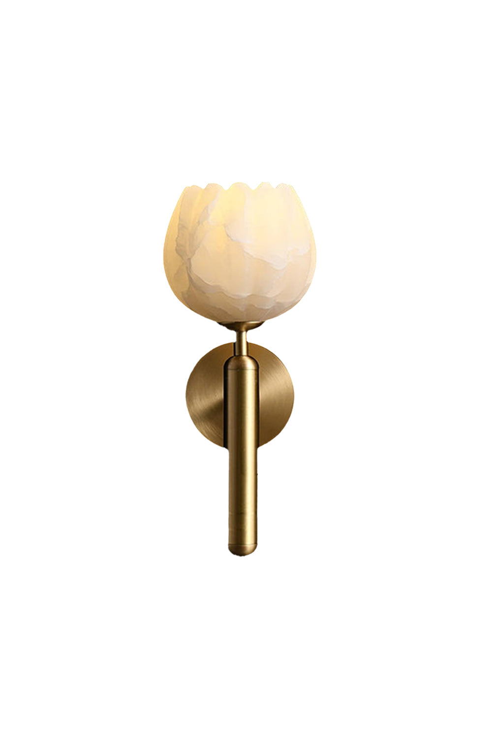 Ondine Alabaster Blossom Wall Sconce | Natural Alabaster and Brass | Isolated product view on a clean white background showing the fully illuminated tulip-shaped stone shade | vexa lamps