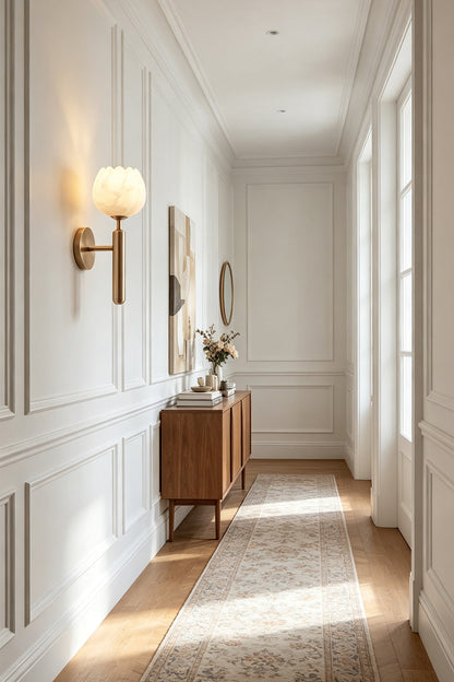 Ondine Alabaster Blossom Wall Sconce | Natural Alabaster and Brass | Styled along a bright minimalist hallway corridor panel above a modern wooden console cabinet | vexa lamps