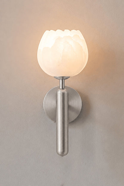Ondine Alabaster Blossom Wall Sconce | Natural Alabaster and Chrome Metal | Single product shot showing the lit stone flower fixture with a polished silver chrome finish option | vexa lamps