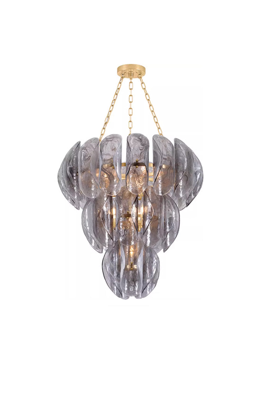 Ondine Cascading Leaf Glass Chandelier | Textured Smoked Glass and Gold Metal | Full front view of the luxury multi-tiered light fixture glowing against a pure white background | vexa lamps
