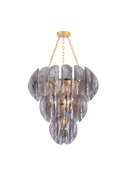 Ondine Cascading Leaf Glass Chandelier | Textured Smoked Glass and Gold Metal | Full front view of the luxury multi-tiered light fixture glowing against a pure white background | vexa lamps