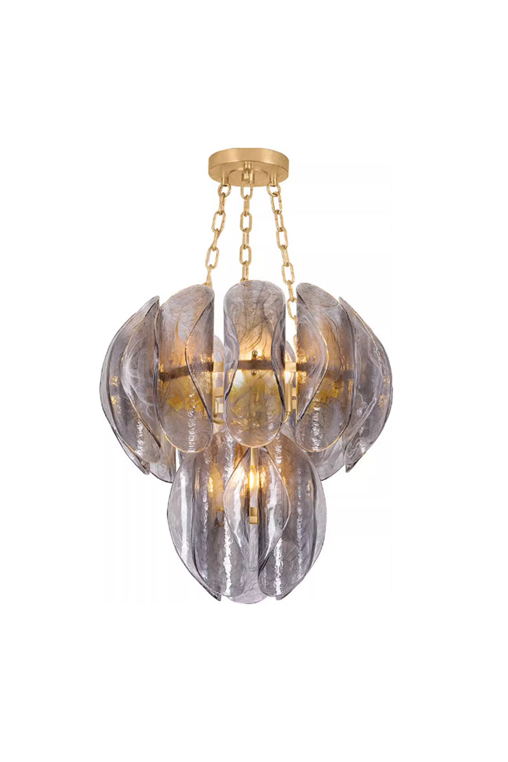 Ondine Cascading Leaf Glass Chandelier | Textured Smoked Glass and Gold Metal | Full view of the sculptural cascading chandelier hanging from a gold chain against a white background | vexa lamps