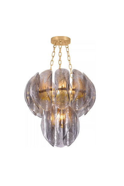 Ondine Cascading Leaf Glass Chandelier | Textured Smoked Glass and Gold Metal | Full view of the sculptural cascading chandelier hanging from a gold chain against a white background | vexa lamps