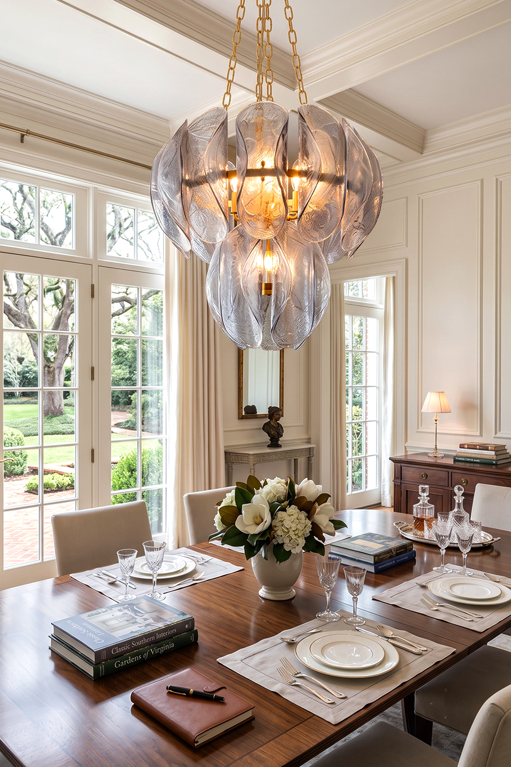 Ondine Cascading Leaf Glass Chandelier | Textured Smoked Glass and Gold Metal | Hanging above a beautifully set wooden dining table in a grand dining room with large French doors | vexa lamps