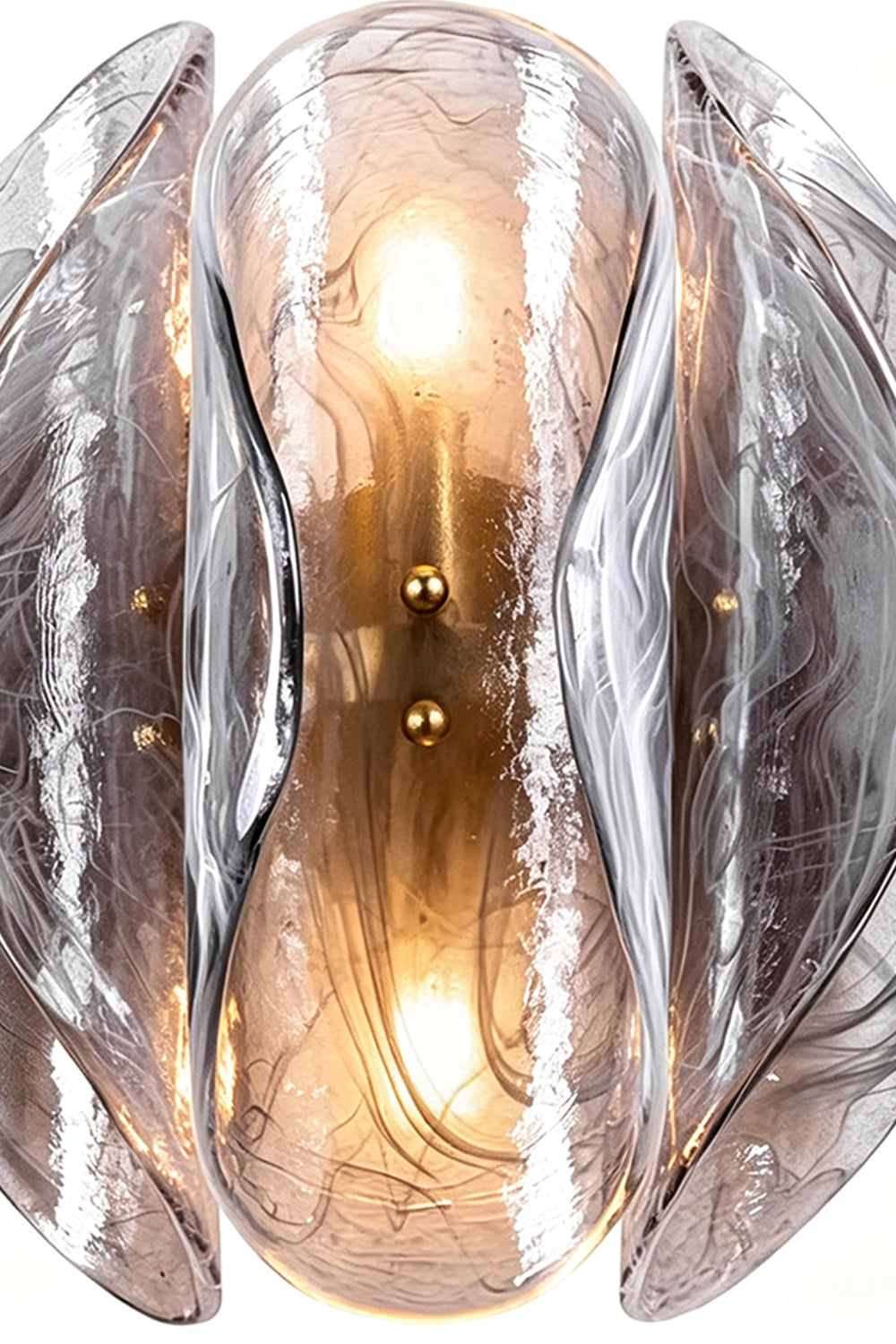 Ondine Cascading Leaf Glass Chandelier | Textured Smoked Glass and Gold Metal | Close-up detail view of the textured leaf-shaped glass panels with warm bulbs glowing between them | vexa lamps