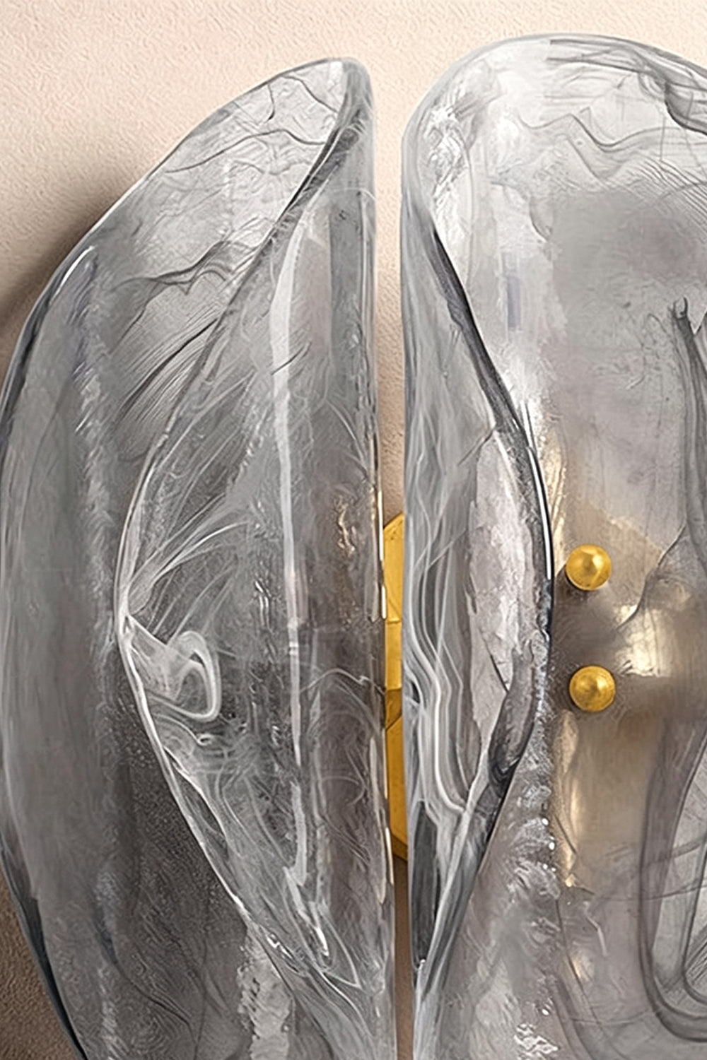 Ondine Cascading Leaf Glass Chandelier | Textured Smoked Glass and Gold Metal | Macro shot highlighting the intricate ribbed texture and organic curved edges of the frosted glass leaves | vexa lamps