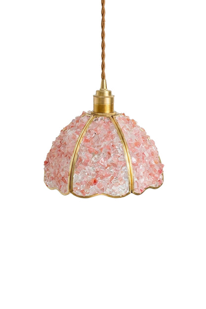 Ondine Mosaic Glass Pendant Light featuring a pink mosaic glass shade with a scalloped brass-toned frame.