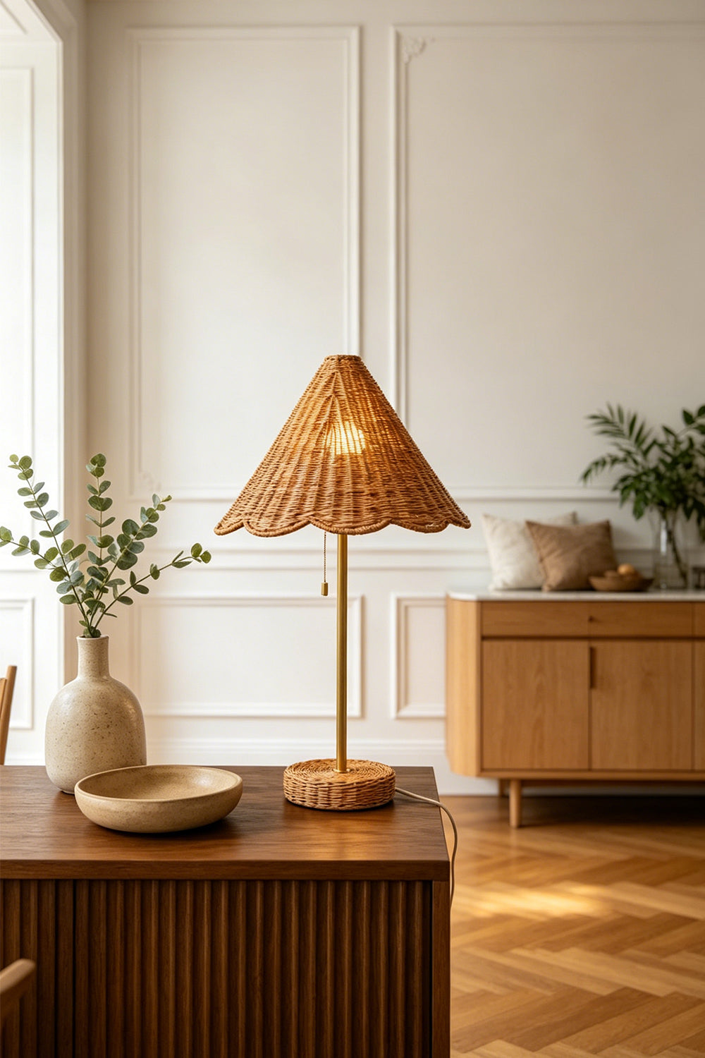 Osrilla Scalloped Rattan Table Lamp | Rattan, Brass | Staged beautifully on a fluted wood table next to a ceramic vase, with a mid-century sideboard cabinet in the background | vexa lamps