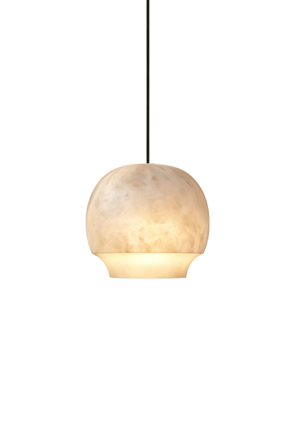 Ottilie Barrel Alabaster Pendant Light | Natural Alabaster and Metal | Studio display of the compact dome barrel shape variant on a white backdrop | vexa lamps
