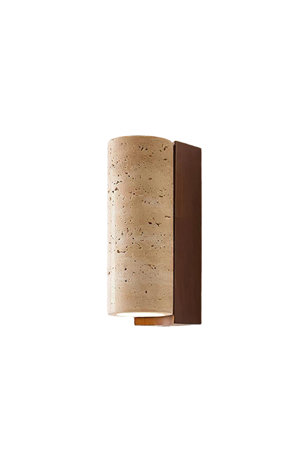 Outcrop Beige Travertine Wall Sconce | Travertine, Metal | Isolated unlit view of a modern semi-cylindrical wall sconce featuring a curved natural beige travertine stone front panel on a dark brown metal backing | White background | vexa lamps