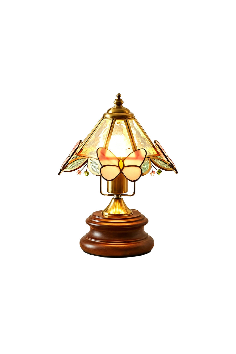 Papillon Heirloom Stained Table Lamp | Wood, Glass, Metal | Vintage tiffany-style stained glass table lamp with pink butterfly accents and a carved dark wood base | Isolated lit product shot on white background | vexa lamps