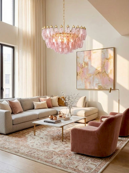 Elegant pink glass chandelier in a bright living room | Metal, Glass | Modern lounge area with white and pink tones | vexa lamps