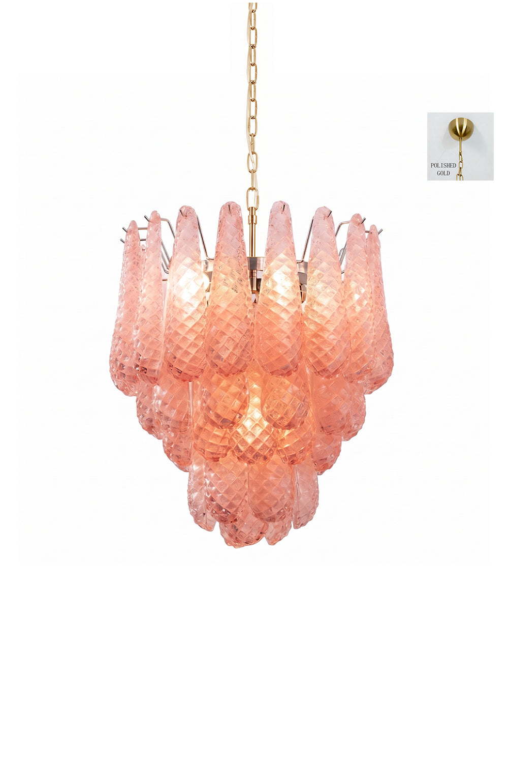 Amara Blush Cascading Glass Chandelier | Glass, Metal | Isolated product snapshot of the illuminated multi-tiered blush glass chandelier on a clean white backdrop | vexa lamps