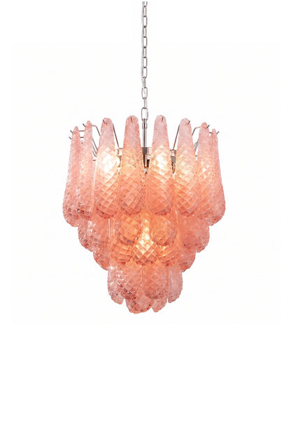 Amara Blush Cascading Glass Chandelier | Glass, Metal | Multi-tiered Murano-style chandelier with cascading textured blush pink glass panels and a warm inner glow | Isolated lit product shot on white background | vexa lamps