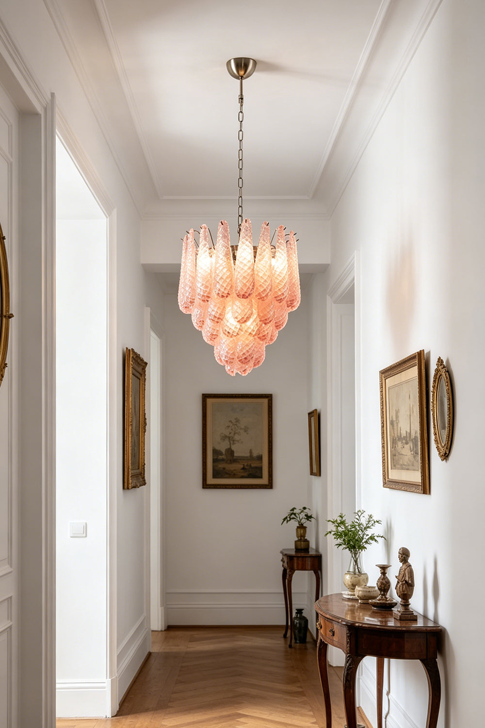 Amara Blush Cascading Glass Chandelier | Glass, Metal | Hanging as a statement centerpiece in a long, elegant minimalist white hallway | vexa lamps