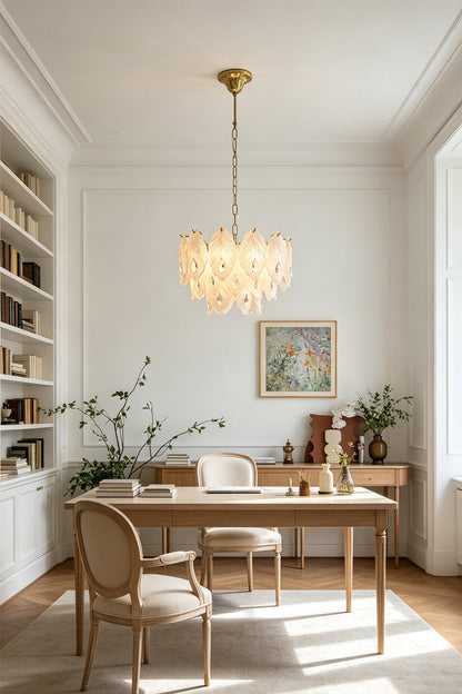 Pluma Frosted Glass Feather Chandelier | Glass, Metal | Illuminating a minimalist contemporary study and dining space, casting a warm glow over a rectangular wooden writing table | vexa lamps