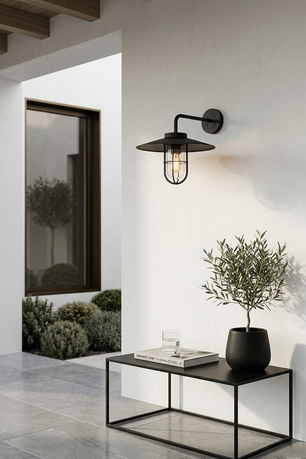 Black industrial style outdoor wall lamp | Metal, Glass | Installed near a house entrance and patio area | vexa lamps